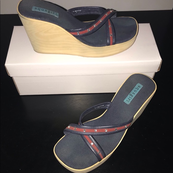 Aqua Girl denim and red wedges with diamond accents. Pre-owned. - Picture 4 of 7